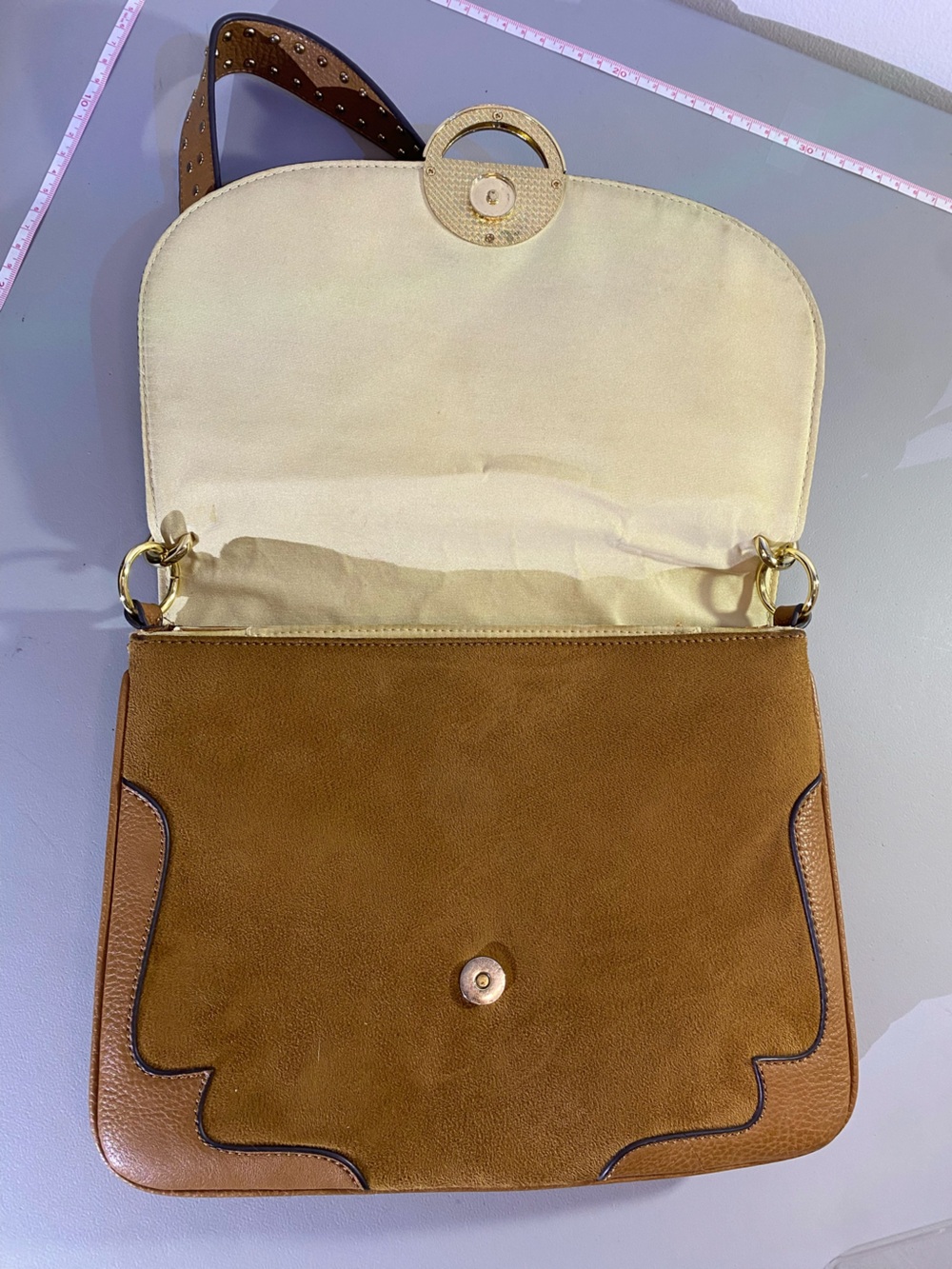 Aldo Tan Suede & Leather Shoulder Bag with Gold Ring Accent - Picture 6 of 16